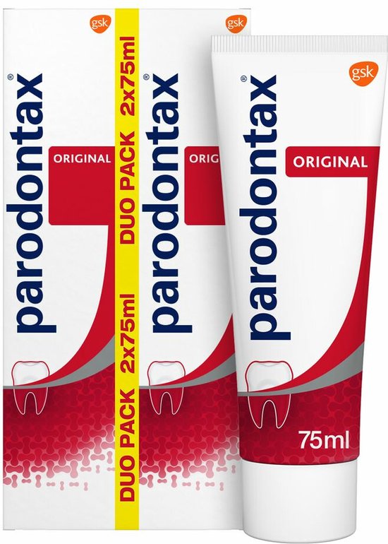 Parodontax Original duo pack, twee tandpastabuizen van 75 ml. Witte verpakking met rode golven en tand symbool.