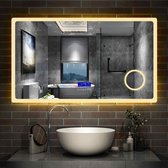 Miroir de salle de bain LED 140×80cm 2 couleurs claires 2700/6000K miroir mural avec bluetooth, horloge, tactile, anti-buée, grossissement 3 fois Miroir de Maquillage IP44 blanc froid/chaud économie d'énergie