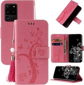 Voor Samsung Galaxy S20 Ultra Reliëf Lucky Tree Horizontale Flip Lederen Case met Houder & Kaartsleuf & Portemonnee & Lanyard (Roze)