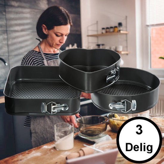 Decopatent® Springvormen Bakvorm Set - SET van 3 Stuks (Vierkant 26 Cm / Rond Ø24 Cm / Hart 22cm) - Bakvormen Cakevorm & Taartvorm