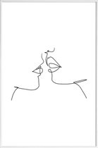 JUNIQE - Poster in kunststof lijst Oneline Kiss -40x60 /Wit & Zwart