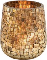 Glazen design windlicht/kaarsenhouder in de kleur mozaiek champagne goud met formaat 11 x 10 cm. Voor waxinelichtjes