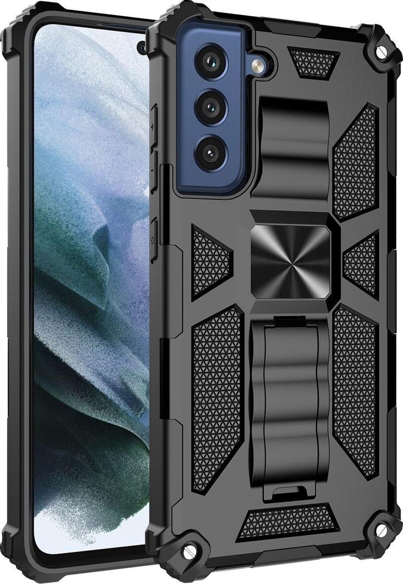 Mobigear Hoesje geschikt voor Samsung Galaxy S21 FE Telefoonhoesje Hardcase | Mobigear Armor Stand Backcover Shockproof met Standaard | Schokbestendig Galaxy S21 FE Telefoonhoesje | Anti Shock Proof - Zwart