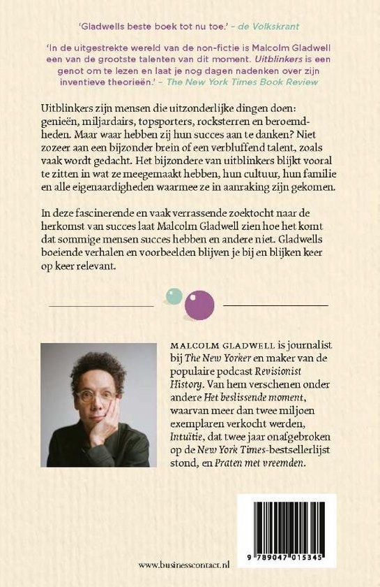 Achterkant van het boek 'Uitblinkers' met een portret van Malcolm Gladwell.