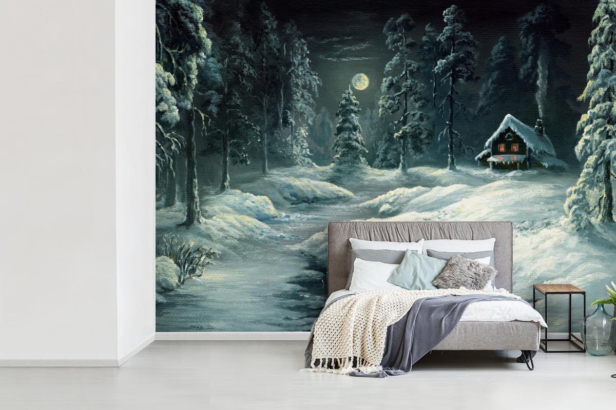 Behang - Fotobehang Olieverf schilderij van een kabouter in een winters landschap - Breedte 385 cm x hoogte 280 cm