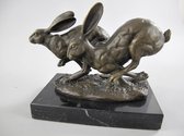 Bronzen beeld - Rennende hazen - Dieren sculptuur - 11 cm hoog