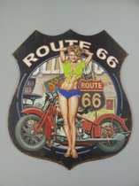 Metalen wandbord - Route 66 Dame op motorfiets - Vintage wanddecoratie - 80 cm hoog