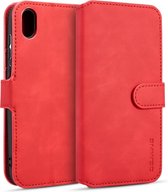 DG.MING Retro Oil Side Horizontal Flip Case voor Huawei Honor Y5 (2019), met houder & kaartsleuven & portemonnee (rood)