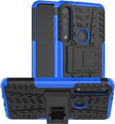 Voor Motorola One Macro Tire Texture Shockproof TPU + PC beschermhoes met houder (blauw)