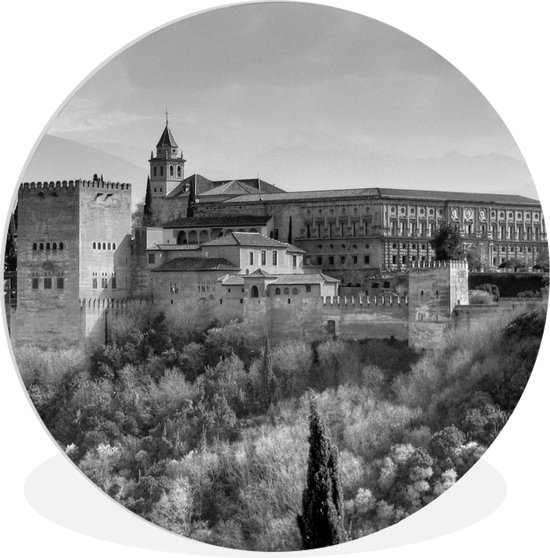 Uitzicht op het Alhambra vanaf De Mirador de San Nicolás in het zwart-wit Wandcirkel kunststof plaat