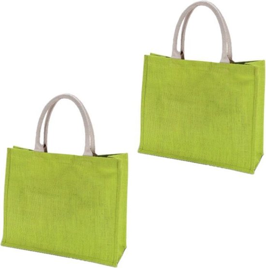 2x stuks jute lime groene boodschappentassen 42 cm - Shoppers