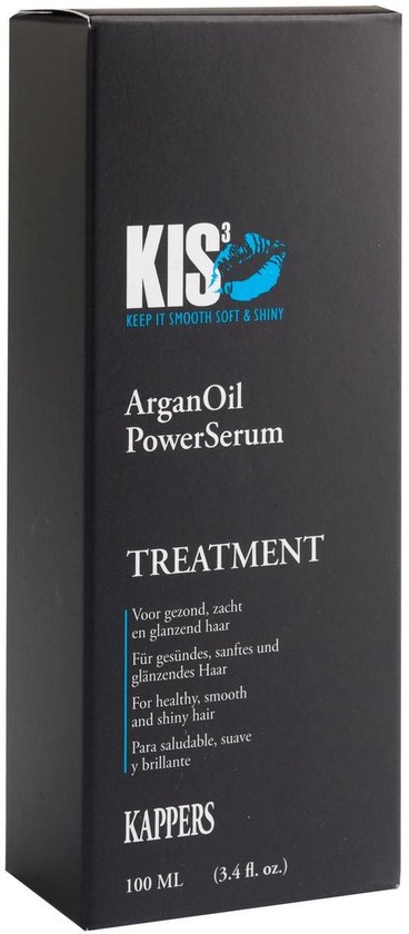 Zwarte Kappers ArganOil PowerSerum verpakking. Tekst: KEEP IT SMOOTH SOFT & SHINY, TREATMENT.