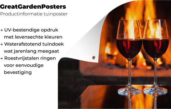 Deux verres de vin rouge par une cheminée affiche de jardin 60x40 cm - petit - Toile de jardin / Toile d'extérieur / Peintures pour l'extérieur (décoration de jardin)
