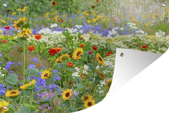 Tuinposters buiten Siergras met verschillende bloemen - 90x60 cm - Tuindoek - Buitenposter