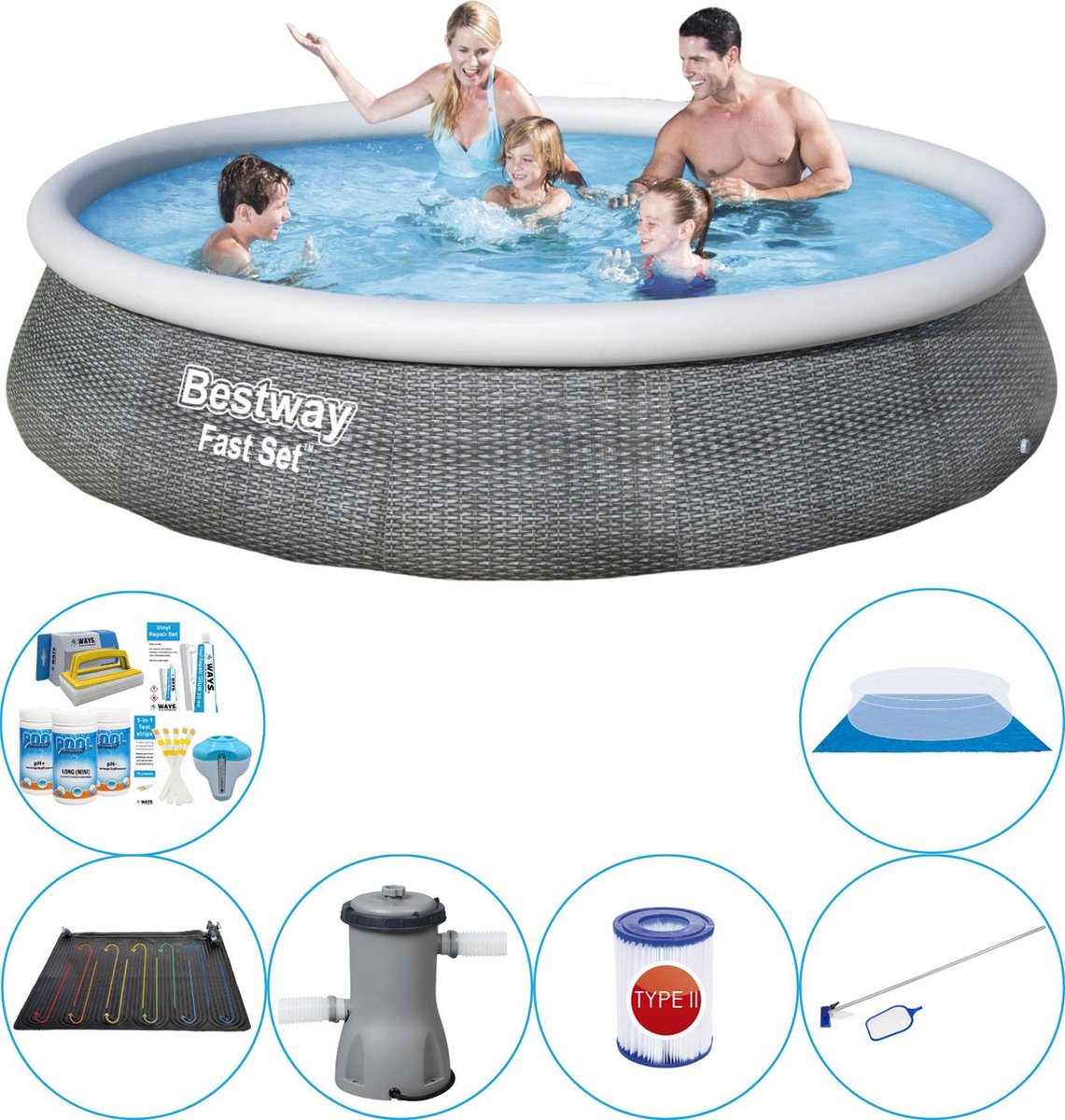 Fast Set Rattan Rond 396×84 cm – 7-delig – Zwembad Met Accessoires