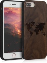 kwmobile telefoonhoesje compatibel met Apple iPhone 7 Plus / 8 Plus - Hoesje met bumper in donkerbruin - walnoothout - Wereldkaart design