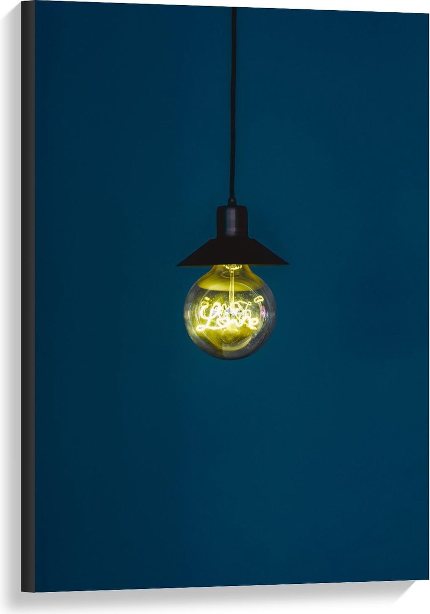Canvas - Gloeilamp met Blauwe Achtergrond - 60x90cm Foto op Canvas Schilderij (Wanddecorat