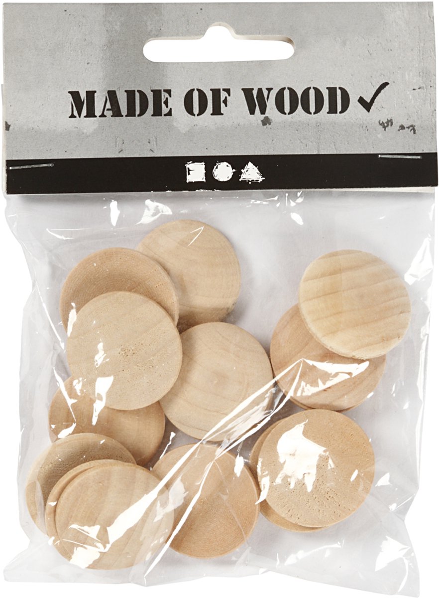Houten knopen, d 25 mm, dikte 5 mm, 15 stuk/ 1 doos