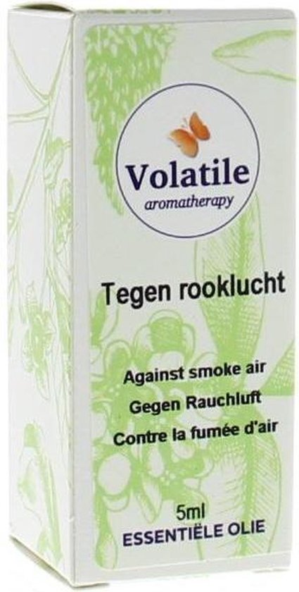 Volatile Tegen Rooklucht 5ml essentiële olie in een doos met groene bladeren en een vlinder.