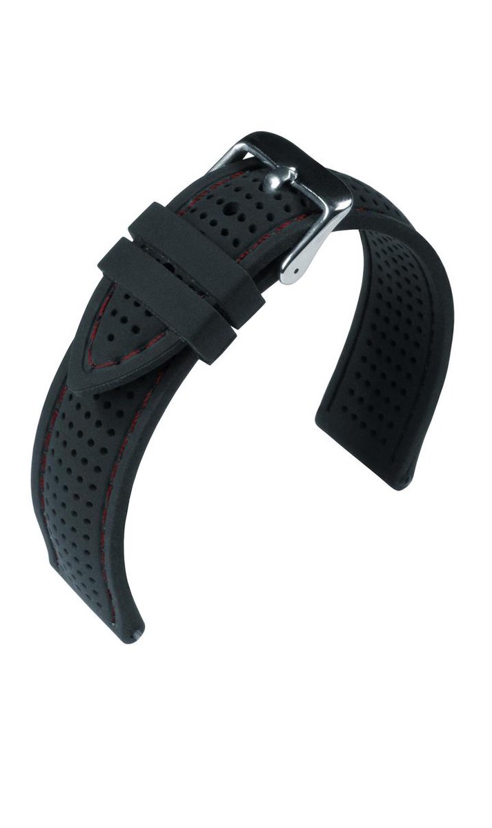 EULIT horlogeband - siliconen - 20 mm - zwart met rode stiksels - edelmetaal gesp glanzend
