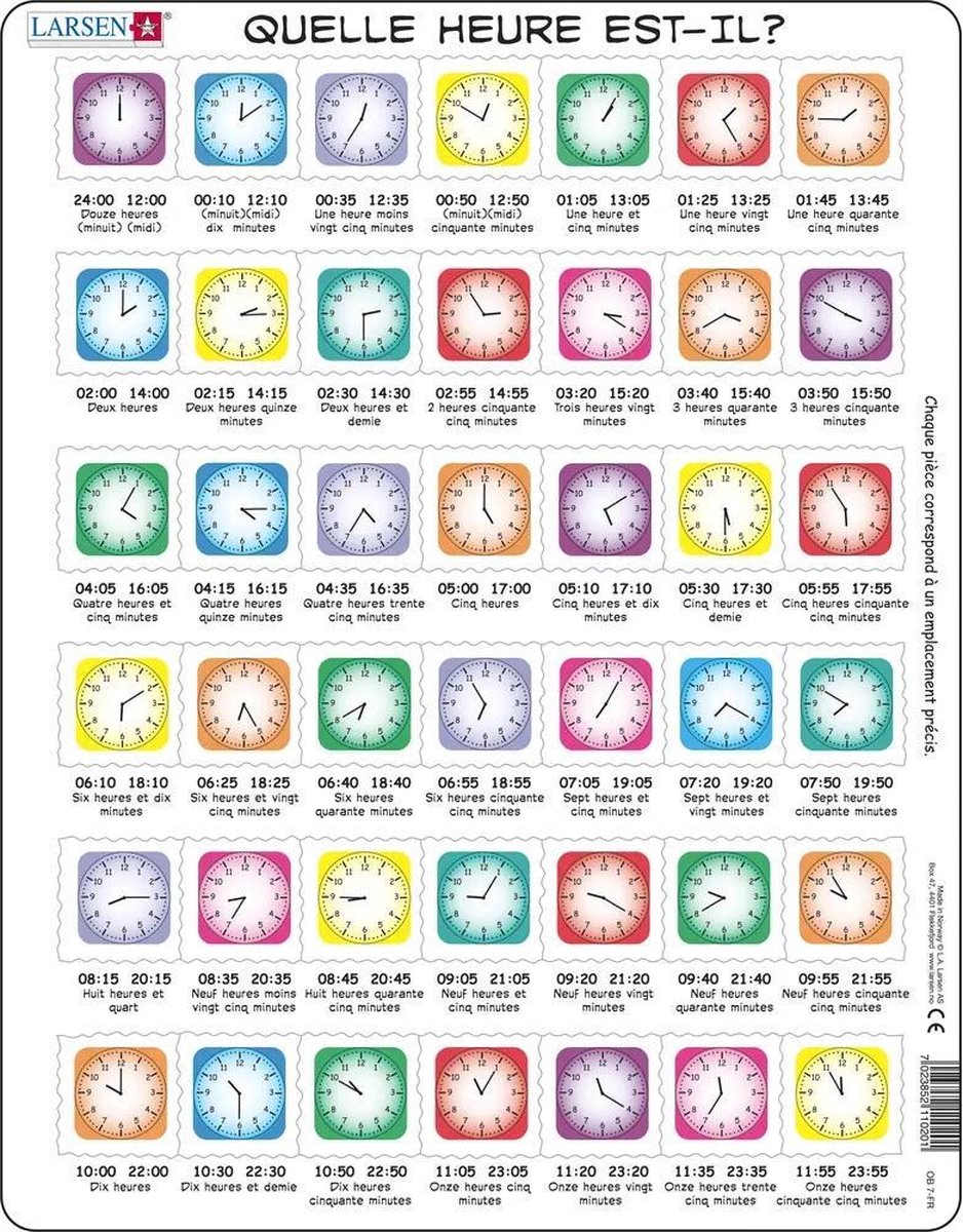 Larsen Apprendre l’Heure – Puzzle – Horloge – Lecture de l’Heure – Puzzle éducatif pour enfants – 42 pièces – Fabriqué en Norvège – Pièces extra épaisses de 2,5 mm – Plateau avec bord fixe