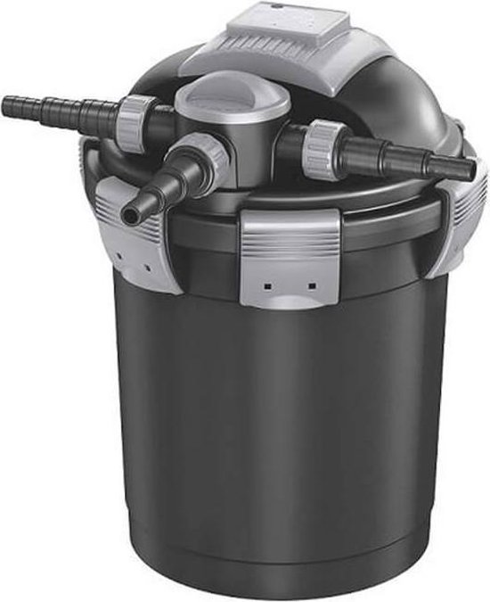 Zwarte vijverfilter met grijze klepjes en handvat. Aansluitingen aan de zijkant.