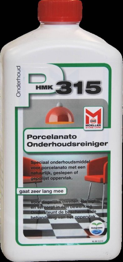 Witte fles met rode dop, HMK P315 Porcelanato Onderhoudsreiniger. Met afbeelding van een lamp en twee stoelen.