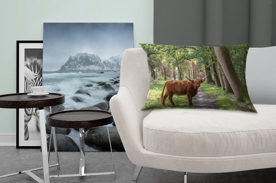 Sierkussen Indoor Forest Life - Highlander écossais sur la route - 60x40 cm - Coussin intérieur rectangulaire en coton