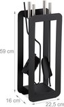 Zwart haardgereedschap, 59cm hoog, 22.5cm breed, 16cm diep, met schep, tang, pook en borstel.