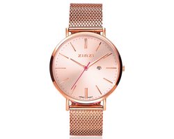 ZINZI Retro horloge roségoudkleurige wijzerplaat en kast stalen mesh band roségoudkleurig 38mm extra dun ZIW405M ZINZI Retro horloge roségoudkleurige wijzerplaat en kast stalen mesh band roségoudkleurig 38mm extra dun ZIW405M