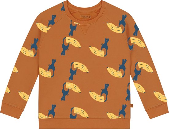 Smitten Organic Unisex Sweater in Ginger spice oranje met all-over toucan-banaanprint