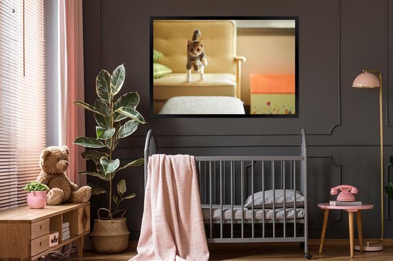Photo encadrée - Chat sautant du canapé cadre photo noir sans passe partout 120x80 cm - Affiche encadrée (Décoration murale salon / chambre)