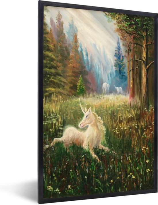 Fotolijst incl. Poster - Een illustratie van een eenhoorn in een bos - Meisjes - Kinderen - Kids - 20x30 cm - Posterlijst