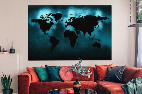 Peintures Toile Wereldkaart - Zwart - Blauw - 150x100 cm - Décoration murale