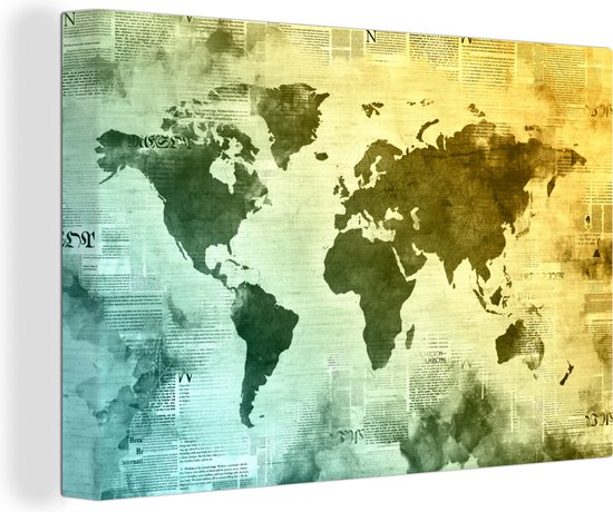 Wereldkaart avec peinture jaune qui passe au bleu sur fond avec journal 60x40 cm