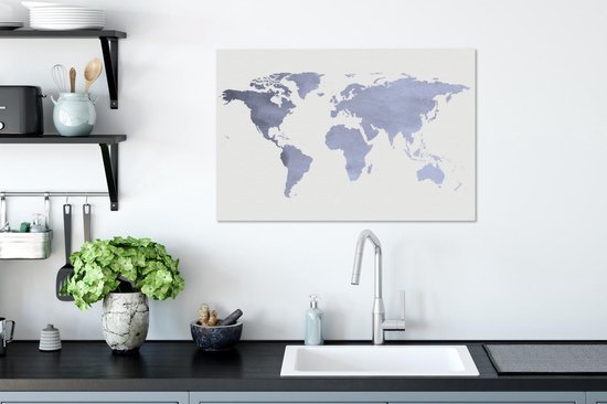 Wereldkaart avec des couleurs bleu violet et un motif texturé sur fond blanc 60x40 cm