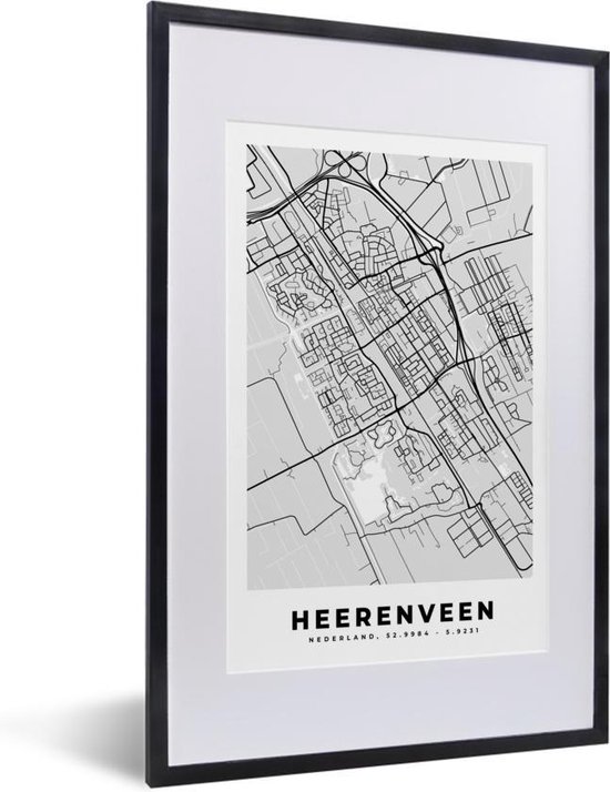 Fotolijst incl. Poster - Stadskaart - Heerenveen - Grijs - Wit - 40x60 cm - Posterlijst - Plattegrond