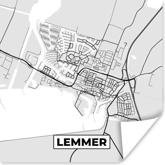 Poster Stadskaart - Lemmer - Grijs - Wit - 50x50 cm - Plattegrond