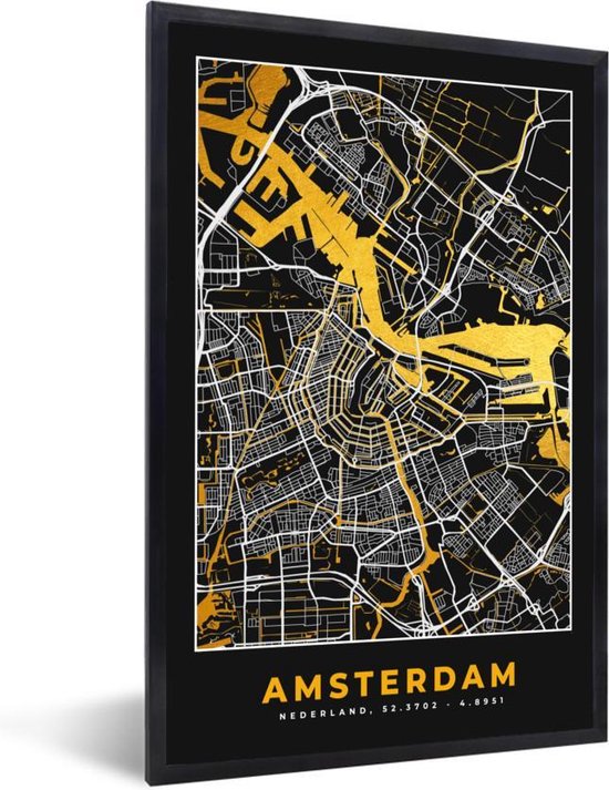 Fotolijst incl. Poster - Plattegrond - Amsterdam - Goud - Zwart - 80x120 cm - Posterlijst - Stadskaart