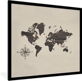 Fotolijst incl. Poster - Wereldkaart - Hout - Kompas - 40x40 cm - Posterlijst