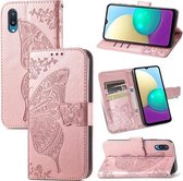 Voor Samsung Galaxy A02 Butterfly Love Flower Reliëf Horizontale Flip Leather Case met Bracket & Card Slot & Wallet & Lanyard (Rose Gold)
