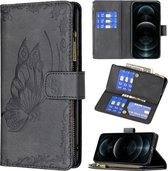 Voor iPhone 12 Pro Flying Butterfly Embossing Pattern Rits Horizontale Flip Leather Case met houder & kaartsleuven & portemonnee (zwart)