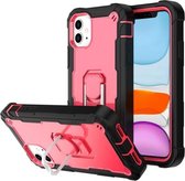 PC + rubberen 3-lagen schokbestendige beschermhoes met roterende houder voor iPhone 11 (zwart + roze rood)