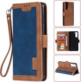Voor Samsung Galaxy S21 FE Retro splicing horizontale flip lederen tas met kaartsleuven & houder & portemonnee (blauw)
