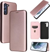 Voor Samsung Galaxy S21 FE koolstofvezel textuur magnetische horizontale flip TPU + pc + PU lederen tas met kaartsleuf (roze)