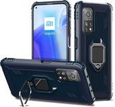 Voor Xiaomi Mi 10T / 10T Pro koolstofvezel beschermhoes met 360 graden roterende ringhouder (blauw)