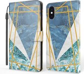 Marmeren horizontale flip TPU + PU lederen hoes met houder en kaartsleuven en portemonnee en draagkoord voor iPhone XR (blauw wit)