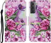Voor Samsung Galaxy S21 FE Gekleurde Tekening Patroon Horizontale Flip PU Lederen Case met Houder & Kaartsleuven & Portemonnee & Lanyard (Rose Vlinder)