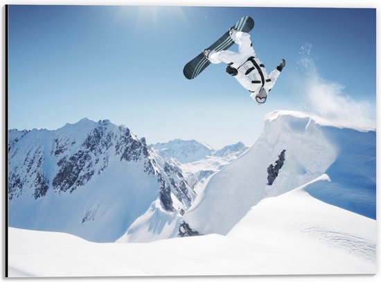 Dibond - Snowboarder in Backflip  - 40x30cm Foto op Aluminium (Wanddecoratie van metaal)