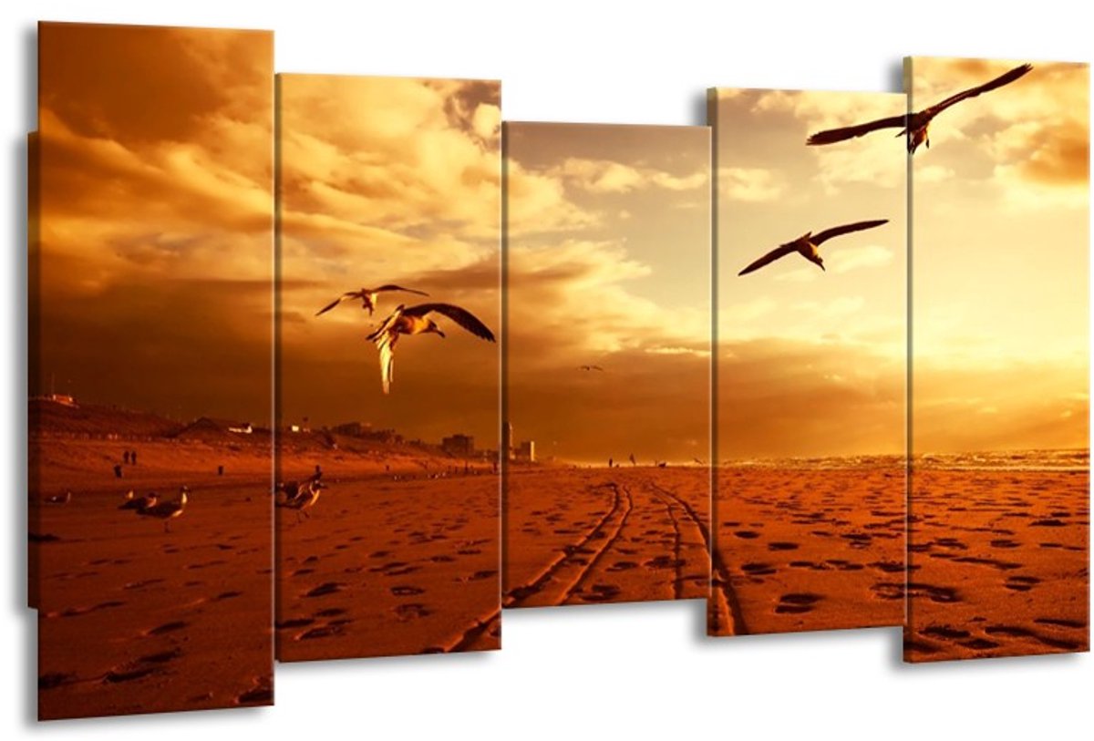 GroepArt - Canvas Schilderij - Vogels - Goud, Geel, Oranje - 150x80cm 5Luik F000002- Groot Collectie Schilderijen Op Canvas En Wanddecoraties